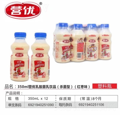 營優(yōu)殺菌型乳酸菌乳飲品紅棗味350mlX12瓶